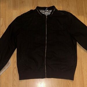 H&M Black Men's Bomber Jacket with Zip and Chest Pockets